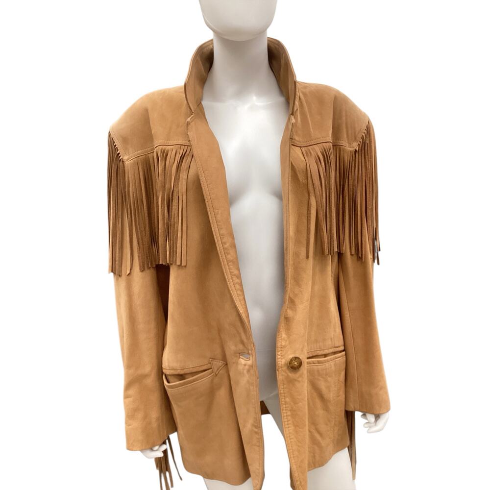 VTG La Nouvelle Renaissance Women’s Leather Jacket Size L Fringes Camel Color - Picture 2 of 8